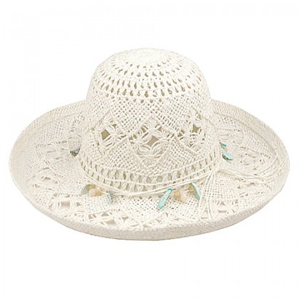 Wide Brim Crochet Toyo Straw Accent Hats – 12 PCS w/ Beaded Band - White - HT-8202WT